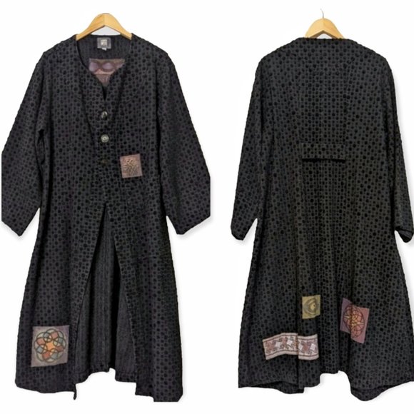 Blue Fish Jackets & Blazers - Vtg Blue Fish Black Cotton Chenille Dot Lagenlook Duster Art Patch Longline Coat